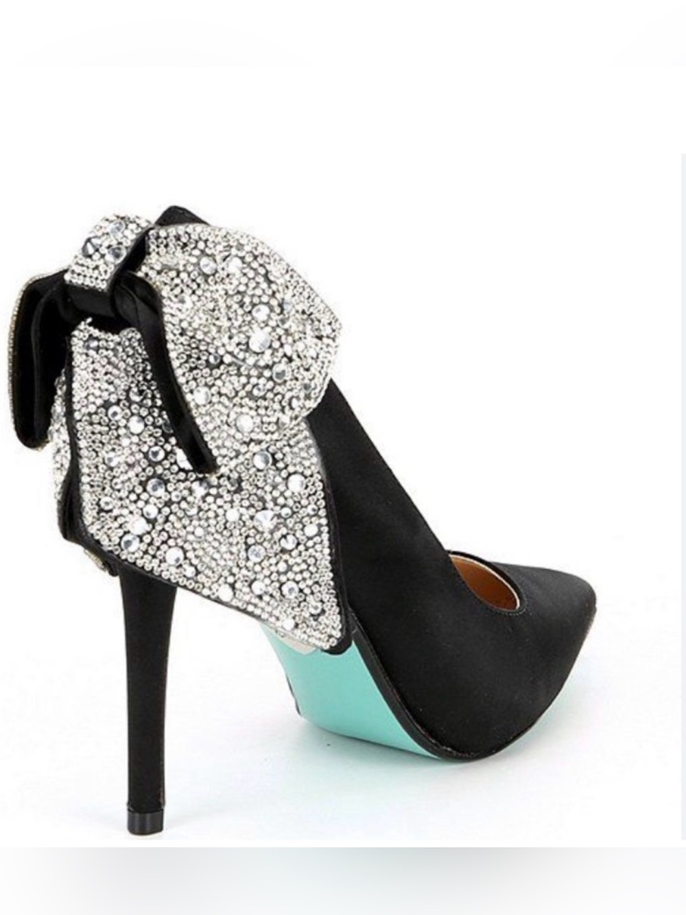 NIB Betsey Johnson Bryn Black satin with Crystal Bow Stiletto Pump